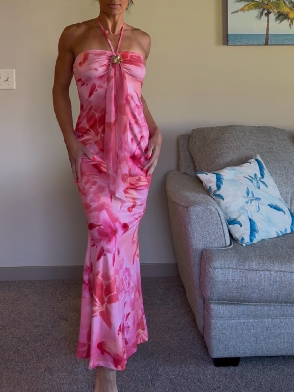 NWT Strapless Pink Floral Halter Maxi Dress